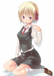 Rule 34 | 1girl, aged up, fang, hair ribbon, highres, long sleeves, necktie, open mouth, red necktie, ribbon, rumia, see-through, shirt, simple background, sitting, skirt, skirt set, solo, spirytus tarou, touhou, vest, wariza, wet, wet clothes, wet shirt, white background