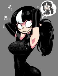 Rule 34 | 1girl, absurdres, alternate hairstyle, armpits, bags under eyes, black gloves, black hair, breasts, dress, elbow gloves, eyebrows, fingerless gloves, gloves, grey background, highres, large breasts, long dress, long hair, multicolored hair, musical note, noss (rariatto), original, ponytail, rariatto (ganguri), speech bubble, streaked hair, vampire, white hair