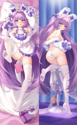 Rule 34 | 1girl, animal ear fluff, animal ears, animal hands, azur lane, blue eyes, breasts, coat, detached sleeves, drill hair, fake animal ears, feet, fluffy, fur-trimmed coat, fur coat, fur trim, gift, gloves, highres, long hair, looking at viewer, no shoes, panties, paw gloves, paw pose, piuta, purple hair, small breasts, socks, soles, tashkent (azur lane), thighhighs, twin drills, underwear, white panties, white thighhighs, winter clothes, winter coat
