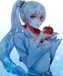 Rule 34 | 1girl, apple, bad id, bad twitter id, blue dress, blue eyes, character name, cropped jacket, dress, earrings, food, fruit, heart, high collar, jewelry, long hair, long sleeves, necklace, ponytail, rwby, scar, scar across eye, scar on face, side ponytail, snowflakes, solo, stelilium, tiara, typo, upper body, weiss schnee, white hair, wide sleeves
