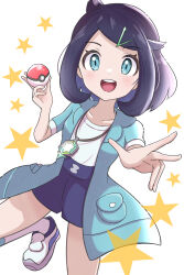 Rule 34 | 1girl, :d, absurdres, black hair, coat, collarbone, commentary request, creatures (company), eyelashes, game freak, green coat, green eyes, hair ornament, hairclip, highres, holding, holding poke ball, jewelry, leg up, liko (pokemon), medium hair, necklace, nintendo, open clothes, open coat, open mouth, poke ball, poke ball (basic), pokemon, pokemon (anime), pokemon horizons, pokemon horizons, rono (lethys), shirt, shoes, shorts, smile, socks, solo, star (symbol), teeth, tongue, upper teeth only, white background, white footwear, white shirt, white socks