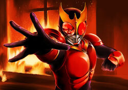 Rule 34 | 1boy, absurdres, armor, clenched hand, commentary request, compound eyes, facing viewer, fighting stance, fire, forehead jewel, gauntlets, gold horns, gold trim, hands up, highres, indoors, kamen rider, kamen rider kuuga, kamen rider kuuga (series), open hand, reaching, reaching towards viewer, red eyes, red theme, red vest, shoulder armor, solo, tihiro, tokusatsu, upper body, vest