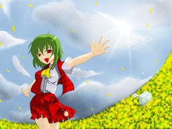 Rule 34 | 1girl, breasts, day, female focus, flower, from below, kazami yuuka, nature, outdoors, plant, skirt, sky, solo, touhou, umbrella