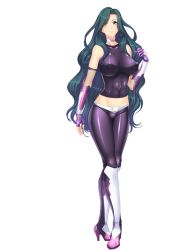 Rule 34 | 1girl, bare shoulders, blush, breasts, covered navel, covered erect nipples, female focus, full body, gloves, high heels, large breasts, latex, long hair, looking at viewer, makishima ayame, midriff, solo, standing, taimanin (series), taimanin kurenai, zol