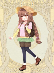 Rule 34 | 1girl, :d, backpack, bag, black pantyhose, blush, braid, breasts, brown eyes, brown footwear, brown hair, brown headwear, brown shorts, brown vest, collarbone, collared shirt, copyright request, dress shirt, full body, green skirt, hair ornament, hairclip, hand up, highres, holding strap, layered sleeves, long sleeves, low twintails, official art, open clothes, open mouth, open vest, pantyhose, pantyhose under shorts, pink shirt, pleated skirt, shikito (yawa0w0), shirt, shoes, short over long sleeves, short sleeves, shorts, shorts under skirt, skirt, small breasts, smile, solo, standing, standing on one leg, twin braids, twintails, vest, yellow shirt