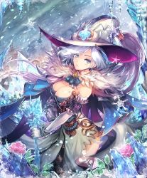 Rule 34 | 1girl, blue eyes, breast tattoo, breasts, cape, cleavage, copyright name, cowboy shot, cygames, elbow gloves, fur trim, gloves, hat, ice, icicle, large breasts, looking at viewer, shadowverse, short hair, silver hair, snowflakes, snowing, solo, tattoo, teddy (khanshin), witch hat