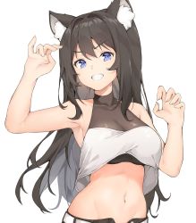 Rule 34 | 1girl, absurdres, animal ear fluff, animal ears, arm up, armpits, bare arms, bare shoulders, belt, black hair, blue eyes, breasts, cat ears, claw pose, collarbone, crop top, crop top overhang, grin, hand up, highres, kiro (kirotayu), long hair, looking at viewer, medium breasts, midriff, navel, open fly, original, shirt, simple background, sleeveless, sleeveless shirt, smile, solo, stomach, upper body, v-shaped eyebrows, white background, white shirt