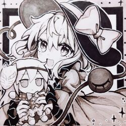 Rule 34 | 1girl, :d, bow, bowtie, character doll, doll, enokishima, fumo (doll), greyscale, hat, hat bow, hata no kokoro, highres, holding, holding doll, komeiji koishi, long hair, long sleeves, looking at viewer, monochrome, open mouth, plaid, plaid shirt, shirt, smile, sparkle, third eye, touhou, upper body, wide sleeves