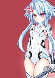 Rule 34 | 1girl, absurdres, ahoge, anger vein, bare shoulders, blanc (neptunia), blue hair, blush, breasts, closed mouth, commentary request, cowboy shot, elbow gloves, gloves, hair between eyes, highres, holding, holding weapon, leotard, light blue hair, looking at viewer, neptune (series), partial commentary, power symbol, power symbol-shaped pupils, red background, red eyes, short hair with long locks, sidelocks, small breasts, solo, standing, symbol-shaped pupils, thighhighs, watermark, weapon, web address, weresdrim, white gloves, white heart (neptunia), white leotard