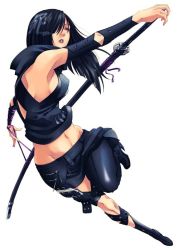 Rule 34 | 1girl, armpits, black hair, breasts, long hair, medium breasts, midriff, ninja, sideboob, solo, sword, thigh strap, weapon