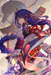 Rule 34 | 1girl, absurdres, armor, artist name, backlighting, braid, breasts, bridal gauntlets, bright pupils, commentary request, cowboy shot, electricity, flower, genshin impact, glint, gold trim, hair ornament, highres, japanese clothes, kimono, long hair, looking at viewer, looking back, looking to the side, low-braided long hair, low-tied long hair, medium breasts, mitsudomoe (shape), musou isshin (genshin impact), obi, obiage, obijime, open mouth, outdoors, pauldrons, print kimono, purple eyes, purple flower, purple hair, purple kimono, purple rope, purple thighhighs, raiden shogun, red rope, rope, sash, shoulder armor, signature, single pauldron, solo, tassel, thighhighs, tomoe (symbol), torii, tree, very long hair, von (657932285), white pupils, wide sleeves