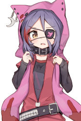 Rule 34 | 1girl, animal hood, belt, brown eyes, collar, crescent, eyepatch, fang, hands up, hayasaka mirei, heart, heart eyepatch, highres, hood, idolmaster, idolmaster cinderella girls, long sleeves, looking at viewer, multicolored hair, open mouth, purple hair, red hair, shone, simple background, solo, star (symbol), streaked hair, two-tone hair, upper body, white background