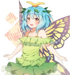 Rule 34 | 1girl, :d, alternate costume, antennae, bare shoulders, blue hair, blush, bow, breasts, brown eyes, butterfly wings, collarbone, commentary request, cowboy shot, dress, eternity larva, green dress, hair between eyes, hair ornament, insect wings, kaoling, layered dress, leaf, leaf hair ornament, leaf on head, long hair, looking at viewer, off-shoulder dress, off shoulder, open mouth, orange bow, short hair, simple background, sleeveless, sleeveless dress, small breasts, smile, solo, standing, touhou, white background, wings