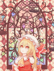 Rule 34 | 1girl, absurdres, ascot, blonde hair, cage, commentary request, crystal, flandre scarlet, hat, hat ribbon, highres, looking up, medium hair, mob cap, one side up, red eyes, red ribbon, ribbon, ro.ro, short sleeves, solo, stained glass, touhou, upper body, white hat, wings, yellow ascot