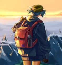 Rule 34 | 1girl, backpack, bag, blue hair, blue jacket, blurry, blurry background, brown gloves, cliff, commentary, cowboy shot, from behind, gloves, green headwear, hair bobbles, hair ornament, hiking, hood, hooded jacket, jacket, kawashiro nitori, long sleeves, orange sky, pointing, red bag, short hair, sky, solo, tougou (goodbye tender), touhou, two side up