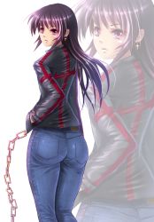 Rule 34 | 1boy, androgynous, ass, chain, denim, earrings, from behind, hyori osin, jacket, jeans, jewelry, long hair, original, pants, purple eyes, purple hair, shiny clothes, skin tight, tight clothes, tight pants, trap, zoom layer