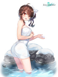 Rule 34 | 1girl, :o, absurdres, ahoge, ass, bare arms, bare shoulders, breasts, brown hair, from side, hair ribbon, highres, lily bloomerchen, long hair, looking at viewer, looking back, medium breasts, naked towel, official art, onsen, open mouth, red eyes, ribbon, rock, side ponytail, sidelocks, simple background, solo, soulworker, standing, steam, thighs, towel, wading, water, watermark, wet, white background