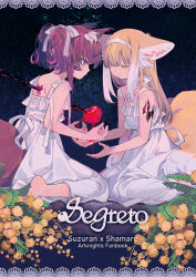 Rule 34 | 2girls, alternate costume, animal ear fluff, animal ears, apple, arknights, bare shoulders, black background, blonde hair, blood, border, bow, character name, chinese commentary, closed eyes, colored tips, commentary request, dress, english text, floating, flower, food, fox ears, fox girl, fox tail, fruit, hair bow, hands up, highres, impaled, kneeling, lace, letterboxed, looking down, material growth, medium hair, mimosa (flower), multicolored hair, multiple girls, multiple tails, oripathy lesion (arknights), purple eyes, purple hair, red medicine, shamare (arknights), short hair, simple background, spaghetti strap, suzuran (arknights), tail, white bow, white dress, white hair, yellow flower