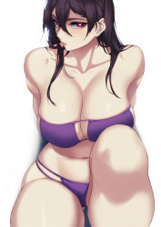 Rule 34 | 1girl, bare shoulders, bikini, black hair, blueorca, blush, breasts, cleavage, collarbone, commentary, english commentary, hair between eyes, highres, large breasts, leaning back, legs, lips, long eyelashes, long hair, looking at viewer, navel, original, parted lips, purple bikini, red eyes, simple background, solo, stomach, swimsuit, white background