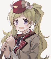 Rule 34 | 1girl, :d, blazer, blonde hair, emily stewart, hat, highres, idolmaster, idolmaster million live!, jacket, long hair, looking at viewer, open mouth, portrait, pppp9199, purple eyes, simple background, smile, solo, strap, twintails, upper body, very long hair, white background
