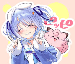Rule 34 | 1girl, alternate hairstyle, artist name, blue hair, blue jacket, blue neckerchief, blue ribbon, blush, blush stickers, bow, carrot hair ornament, choker, clefairy, collarbone, creatures (company), crossover, earrings, embarrassed, food-themed hair ornament, fur-trimmed sleeves, fur trim, game freak, gen 1 pokemon, grin, hair bow, hair ornament, hair ribbon, hikosan, hololive, jacket, jewelry, long sleeves, metronome (pokemon), neckerchief, nintendo, open clothes, open jacket, pokemon, pokemon (creature), ribbon, sailor collar, shirt, signature, smile, sweatdrop, thick eyebrows, twintails, upper body, usada pekora, usada pekora (casual), virtual youtuber, white bow, white choker, white shirt