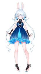 Rule 34 | 1girl, animal ears, arms at sides, bad id, bad twitter id, bare shoulders, black footwear, black gloves, black ribbon, blue dress, blue eyes, blue gemstone, blue nails, blush, breasts, bridal gauntlets, bridal legwear, collarbone, dress, expressionless, full body, gem, gloves, hair ornament, hair ribbon, halter dress, halterneck, highres, jewelry, long hair, looking at viewer, low twintails, medium breasts, mia (miaflocon), nail polish, necklace, original, pearl necklace, rabbit ears, ribbon, short eyebrows, sidelocks, simple background, solo, thick eyebrows, toenail polish, toenails, tsurime, twintails, very long hair, white background, white hair