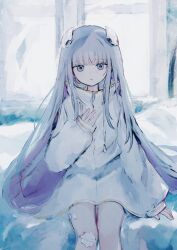 Rule 34 | 1girl, bandaid, bandaid on leg, blue eyes, blue hair, blunt bangs, closed mouth, expressionless, gauze, hair ornament, hand on own chest, hand up, highres, indie virtual youtuber, long hair, long sleeves, looking at viewer, second-party source, shirt, sitting, sleeves past wrists, solo, somunia, very long hair, virtual youtuber, white shirt, yorunogumo