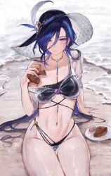 Rule 34 | 1girl, absurdres, alternate costume, beach, bikini, black bikini, black hat, blush, breasts, clorinde (genshin impact), collarbone, commentary request, croissant, earrings, food, genshin impact, hair between eyes, hat, highres, holding, holding food, jewelry, long hair, looking at viewer, macaron, medium breasts, multicolored hair, navel, parted lips, purple eyes, qiandaiyiyu, sitting, solo, swimsuit, thighs, two-tone hair, wet, wet clothes, wet swimsuit