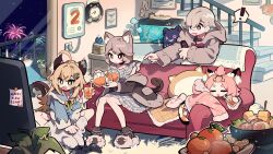 Rule 34 | !, +++, 1boy, 3girls, :3, :d, :o, = =, absurdres, ahoge, alternate costume, animal ear fluff, animal ears, aquarium, balcony, blonde hair, blue shirt, bottle, bread, brown shirt, cat-shaped pillow, cat ears, cat feet, cat girl, cat slippers, cat tail, clock, commentary request, controller, couch, cup, diona (genshin impact), dress, drinking straw, facial mark, fang, fireworks, food, full body, game controller, genshin impact, green eyes, grey hair, happy new year, highres, holding, holding bottle, holding cup, holding remote control, hood, hood down, hooded pajamas, indoors, kirara (genshin impact), lemonade, long hair, long sleeves, lynette (genshin impact), lyney (genshin impact), meadow (morphinecaca), multicolored tail, multiple girls, multiple tails, new year, night, off shoulder, open mouth, pajamas, pink eyes, pink hair, pink pajamas, pink socks, plaid, plaid dress, plant, potted plant, pouring, purple eyes, remote control, ribbon, shirt, skewer, smile, socks, spoken exclamation mark, stairs, star (symbol), star facial mark, sweatdrop, tail, television, thick eyebrows, two tails, worm, yellow ribbon