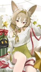 Rule 34 | 1girl, absurdres, animal ear fluff, animal ears, arknights, arm support, bare shoulders, beanstalk (arknights), beanstalk (gift uncompleted) (arknights), bell, braid, brown hair, closed mouth, collarbone, commentary, ema (kuguiema), feet out of frame, green hairband, green ribbon, green skirt, grey shirt, hair between eyes, hair ornament, hair ribbon, hairband, hairclip, highres, long hair, long sleeves, looking at viewer, off shoulder, peacake (arknights), red eyes, ribbon, shirt, simple background, single braid, sitting, skirt, smile, solo, star (symbol), white background