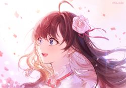 Rule 34 | 1girl, :d, ahoge, blue eyes, brown hair, commentary request, confetti, earrings, flower, hado (gjdlsxor1), hair flower, hair ornament, ichinose shiki, idolmaster, idolmaster cinderella girls, idolmaster cinderella girls starlight stage, jewelry, long hair, open mouth, petals, smile, solo, twitter username, wavy hair
