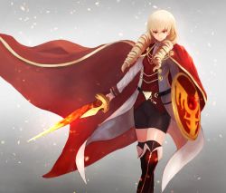 Rule 34 | 1girl, b13art, bike shorts, blonde hair, boots, cape, closed mouth, drill hair, erika wagner, hair between eyes, highres, holding, holding shield, holding sword, holding weapon, long hair, long sleeves, red eyes, shield, simple background, skirt, solo, standing, sword, thighhighs, twin drills, twintails, under night in-birth, under night in-birth exe:late[st], weapon