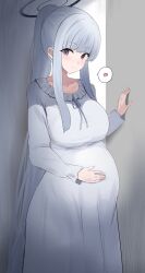Rule 34 | 1girl, alternate hairstyle, blue archive, dress, heart, highres, hototogisu (7kanu 7ra), looking at viewer, noa (blue archive), ponytail, pregnant, purple eyes, smile, solo, white dress
