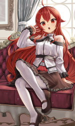 Rule 34 | 1girl, ahoge, bare shoulders, black hairband, breasts, brown footwear, brown skirt, couch, crossed legs, curtains, eris greyrat, hair between eyes, hairband, highres, indoors, long hair, long sleeves, looking at viewer, mary janes, miniskirt, mushoku tensei, off-shoulder shirt, off shoulder, open mouth, pantyhose, portrait (object), red eyes, red hair, shirt, shoes, silvertsuki, sitting, skirt, small breasts, solo, very long hair, white pantyhose, white shirt, window
