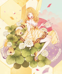 Rule 34 | 1girl, ;o, bare arms, bee, blonde hair, bug, button eyes, buttons, clover, clover (flower), confetti, covering own mouth, diagonal stripes, dress, flower, frilled pillow, frills, high heels, holding, insect, long hair, mini person, minigirl, mokaffe, nail polish, no socks, one eye closed, original, pillow, shoes, signature, sleeveless, sleeveless dress, solo, star (symbol), star print, striped clothes, striped dress, stuffed animal, stuffed toy, teapot, yawning, yellow footwear, yellow nails