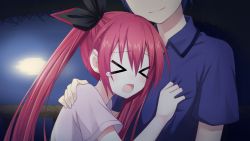 Rule 34 | &gt; &lt;, 10s, 1boy, 1girl, ahoge, black ribbon, blue hair, blue shirt, brother and sister, collared shirt, date a live, closed eyes, fujimi shobo, game cg, hair ornament, hair ribbon, hand on shoulder, head out of frame, hetero, hug, itsuka kotori, itsuka shidou, long hair, moon, open mouth, red eyes, red hair, reflection, ribbon, scared, shirt, short sleeves, siblings, smile, t-shirt, tears, tsunako, twintails, upper body, wince