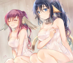 Rule 34 | 2girls, animal ears, aquaplus, bare arms, bare shoulders, blue eyes, blue hair, blush, breasts, cleavage, closed eyes, collar, collarbone, from below, from side, gradient hair, hair between eyes, hair over shoulder, hands between legs, karulau, large breasts, long hair, multicolored hair, multiple girls, nose blush, open mouth, ponytail, purple hair, sidelocks, signature, slave, sleeveless, tail, thighs, touka (utawarerumono), towel, towel over breasts, utawarerumono, very long hair, wavy hair, wet, yami nabe23