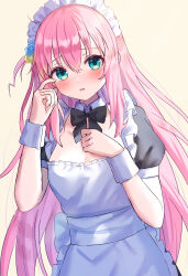 Rule 34 | 1girl, absurdres, alternate costume, apron, back bow, blush, bocchi the rock!, bow, bowtie, crying, crying with eyes open, cube hair ornament, detached collar, enmaided, gotoh hitori, green eyes, hair ornament, hand on own chest, hand on own face, highres, long hair, looking at viewer, maid, maid headdress, one side up, parted lips, pink hair, puffy short sleeves, puffy sleeves, shinzousan, short sleeves, solo, tears, upper body, very long hair, wrist cuffs