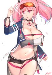 Rule 34 | 1girl, azur lane, belt, bikini, bikini under clothes, black choker, black shorts, blue jacket, blurry, breasts, bremerton (azur lane), buckle, choker, cleavage, clenched hand, commentary, cowboy shot, crop top, crop top overhang, cutoffs, depth of field, eyewear on head, front-tie bikini top, front-tie top, grey belt, grey hair, groin, hair intakes, hair ornament, hand up, highleg, highleg bikini, jacket, large breasts, lifebuoy, light rays, long hair, long sleeves, looking at viewer, m/, midriff, miyo (miyostage), mole, mole on breast, mole under eye, multicolored hair, navel, navel piercing, open clothes, open jacket, parted lips, piercing, pink bikini, pink eyes, pink hair, red-tinted eyewear, shirt, short shorts, shorts, sidelocks, signature, simple background, smile, snap-fit buckle, solo, standing, streaked hair, sunbeam, sunglasses, sunglasses on head, sunlight, swim ring, swimsuit, thigh strap, thighhighs, tinted eyewear, twintails, two-tone hair, two-tone shirt, white background, wristband