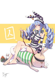Rule 34 | 1girl, 1other, absurdres, animal ears, arm support, ball and chain restraint, bare legs, bdsm, blindfold, blue hair, blush, braid, breasts, carrot, chain, chain leash, chen yang yang, commentary request, crossed legs, cuffs, don-chan (usada pekora), full body, hand up, heavy breathing, highres, holding, holding leash, hololive, leash, legs, long hair, long sleeves, multicolored hair, nail polish, no pants, off shoulder, orange eyes, oversized clothes, oversized shirt, prison, prison clothes, rabbit ears, rabbit girl, shackles, shirt, short eyebrows, sitting, sitting on person, small breasts, speech bubble, striped background, striped clothes, striped headwear, striped shirt, sweat, sweatdrop, thick eyebrows, toenail polish, toenails, translation request, twin braids, twintails, two-tone hair, usada pekora, usada pekora (prisoner), virtual youtuber, white background, white hair