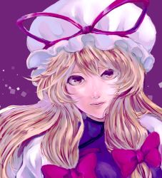 Rule 34 | 1girl, bow, commentary request, dress, faux traditional media, gradient eyes, hair bow, hat, hat ribbon, lips, long hair, looking at viewer, mishu, mob cap, multicolored eyes, nose, purple background, purple eyes, purple theme, ribbon, sidelocks, simple background, solo, tabard, touhou, upper body, white dress, yakumo yukari, yellow eyes