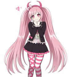 Rule 34 | 10s, 1girl, bad id, bad twitter id, blush, bow, danganronpa (series), danganronpa another episode: ultra despair girls, fake horns, hair bow, hairband, heart, horns, jacket, long hair, mery (yangmalgage), open clothes, open jacket, pink eyes, pink hair, simple background, smile, solo, striped clothes, striped thighhighs, thighhighs, twintails, utsugi kotoko, very long hair, white background, zettai ryouiki