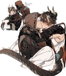 Rule 34 | 2boys, arknights, armor, brown coat, brown hair, chinese clothes, chong yue (arknights), coat, commentary request, cropped torso, doctor (arknights), dragon boy, dragon horns, dragon tail, earrings, faceless, faceless male, facing another, grey hair, gyulseu, hand on another&#039;s shoulder, high collar, highres, holding, holding paper, hood, hood up, hooded coat, horns, hug, jewelry, kiss, korean commentary, korean text, long hair, long sleeves, long tail, looking at another, low ponytail, male doctor (arknights), male focus, multicolored hair, multiple boys, paper, pauldrons, pointy ears, red eyes, rerebrace, shoulder armor, simple background, single pauldron, sleeveless, slit pupils, spread legs, streaked hair, tail, translation request, white background, white hair, wide sleeves, yaoi