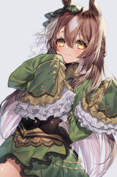 Rule 34 | 1girl, 40 (0f0urw), absurdres, animal ears, blush, bow, braid, brown eyes, brown hair, closed mouth, commentary request, corset, cowboy shot, cropped jacket, ear ribbon, frilled sleeves, frills, green jacket, green skirt, hair between eyes, half updo, hands up, highres, horse ears, horse girl, jacket, long hair, looking at viewer, satono diamond (umamusume), simple background, skirt, sleeves past fingers, sleeves past wrists, solo, standing, umamusume, very long hair, white background
