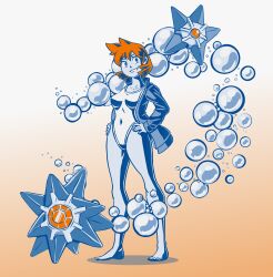 Rule 34 | 1girl, absurdres, barefoot, breasts, bubble, coat, competition swimsuit, covered navel, cowboy shot, creatures (company), eyelashes, full body, game freak, gen 1 pokemon, gym leader, hand up, hands on own hips, highleg, highleg swimsuit, highres, jacket, legs, long sleeves, looking at viewer, medium breasts, misty (pokemon), monochrome, nintendo, one-piece swimsuit, open clothes, open coat, open jacket, open mouth, orange hair, pokemon, pokemon hgss, shiny skin, smile, solo, starmie, staryu, swimsuit, thighs, track jacket, water, white jacket, white one-piece swimsuit