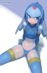 Rule 34 | 1girl, adapted costume, arm support, bad id, bad pixiv id, blue theme, blue thighhighs, blush, capcom, character name, gloves, helmet, highres, ladic, fairy leviathan (mega man), looking away, mega man (series), mega man zero (series), navel, robot, shadow, sitting, solo, thighhighs, white gloves
