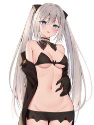 Rule 34 | 1girl, bare shoulders, bikini, bikini top only, black bikini, black gloves, black jacket, black shorts, blue eyes, breasts, choker, cowboy shot, detached collar, gloves, grey hair, groin, hair ornament, hairclip, hand on own stomach, highres, jacket, kamu (geeenius), long hair, long sleeves, looking at viewer, medium breasts, micro shorts, navel, off shoulder, open clothes, open jacket, original, parted lips, revealing clothes, shorts, sidelocks, smile, solo, stomach, strapless, strapless bikini, swimsuit, twintails, very long hair