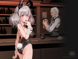 Rule 34 | 1boy, 1girl, animal ears, bartender, black leotard, bow, bowtie, detached collar, fake animal ears, finger to mouth, fishnet pantyhose, fishnets, highres, kuro taketo, leotard, looking at viewer, old, old man, original, pantyhose, playboy bunny, rabbit ears, rabbit tail, red bow, red bowtie, red eyes, short hair, silver hair, strapless, strapless leotard, tail, twintails, wrist cuffs