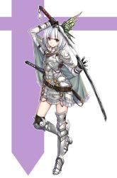 Rule 34 | 1girl, alternate costume, alternate headwear, armor, armored boots, armored dress, bad id, bad twitter id, belt, blue eyes, boots, butterfly hair ornament, cape, dress, full body, hair ornament, hairband, jpeg artifacts, katana, knight, konpaku youmu, long sleeves, looking at viewer, short hair, silver hair, simple background, smile, solo, sword, takemori shintarou, touhou, weapon