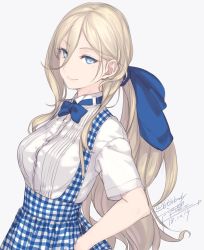 Rule 34 | 1girl, alternate costume, alternate hairstyle, apron, blonde hair, blouse, blue bow, blue bowtie, blue eyes, blue ribbon, bow, bowtie, breasts, dated, dress, from side, gingham apron, grey background, hair between eyes, hair ribbon, hand on own hip, hat, kantai collection, long hair, looking at viewer, low ponytail, medium breasts, mole, mole under eye, mole under mouth, one-hour drawing challenge, ribbon, richelieu (kancolle), rokuwata tomoe, shirt, shirt tucked in, sidelocks, signature, simple background, smile, solo, standing, very long hair, wavy hair, white shirt